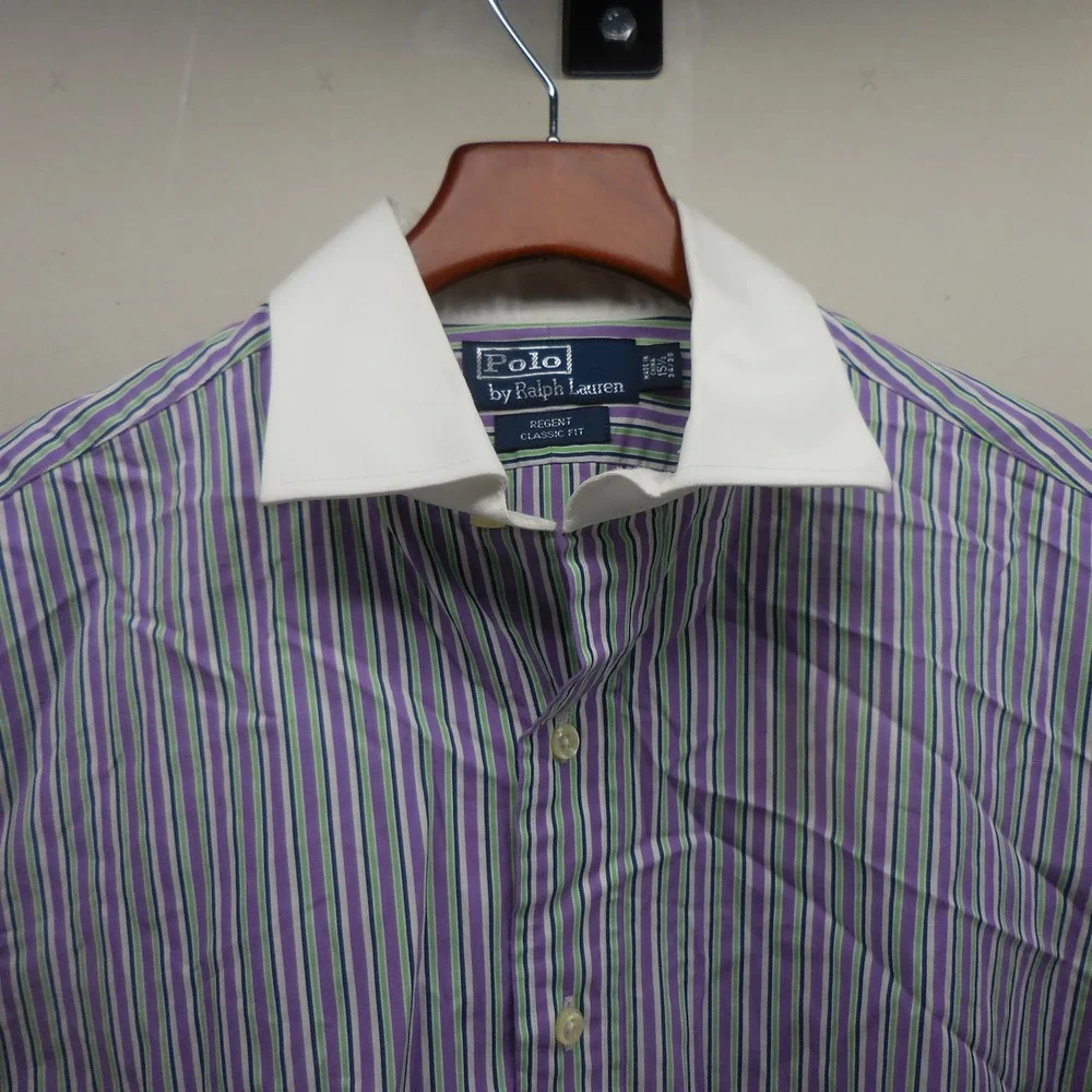 Polo Ralph Lauren Regent Classic Fit Striped Shirt Purple Green White 15.5 34/35
